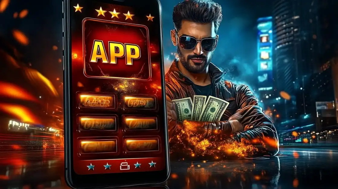 A confident man in sunglasses holds a fan of cash winnings next to a smartphone displaying the 7c777 app. This image highlights the exciting winning potential of playing on the 7c777 online platform.