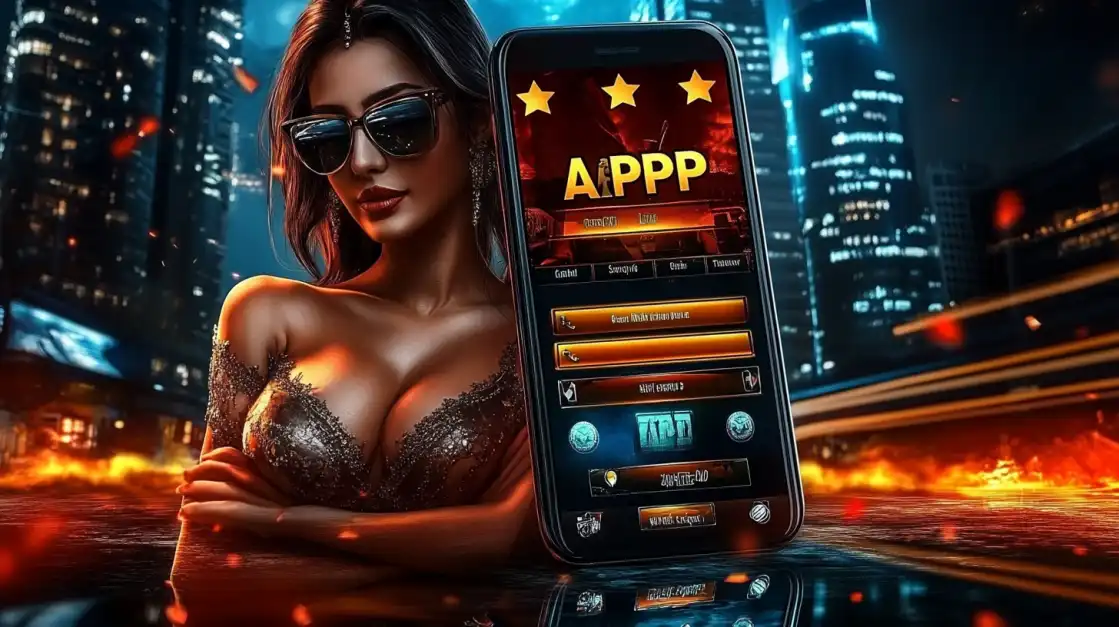 A stylish woman in sunglasses poses next to a smartphone showcasing the sleek interface of the 7c777 casino app. The scene is set against a neon city at night with fiery effects on the ground.