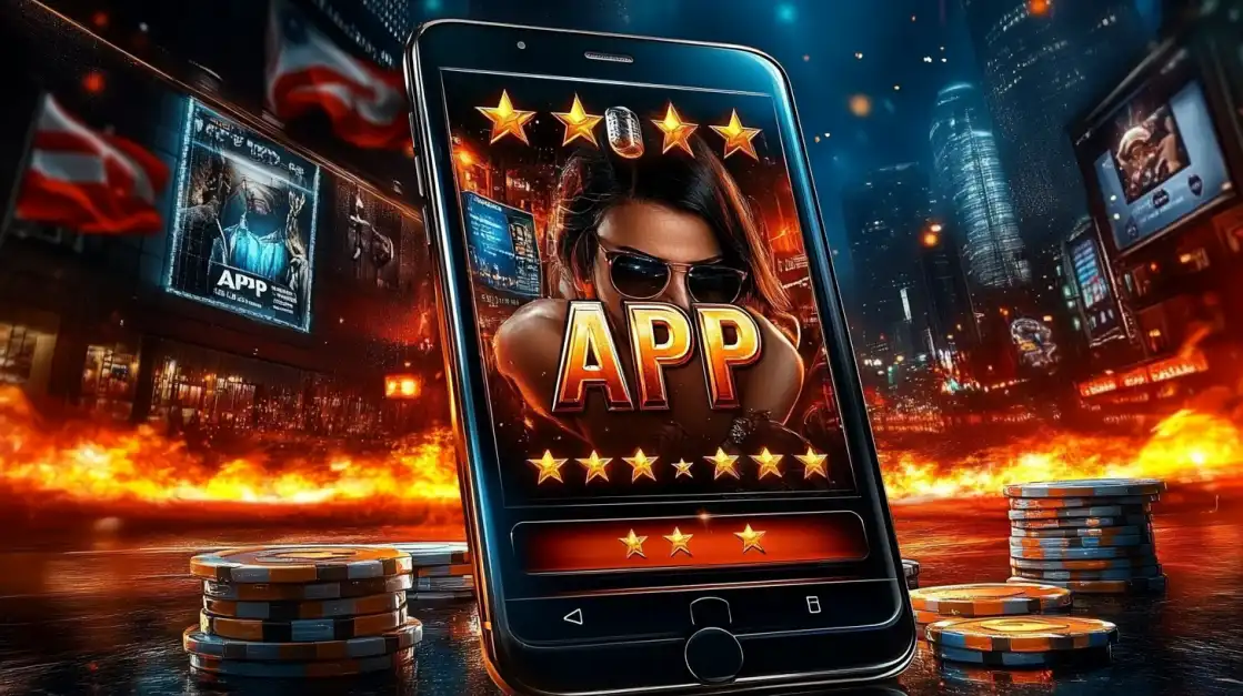 A smartphone displaying the top-rated 7c777 mobile gaming app, with a reflection of a woman in sunglasses. The background shows a bustling city street at night with flames and poker chips, highlighting its popularity.