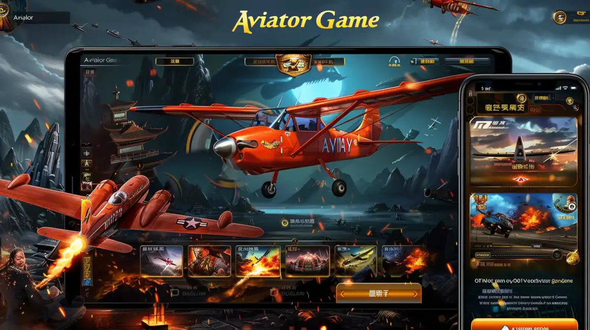 The interface of the 7c777 Aviator game is shown on a tablet and phone, with red propeller planes in a dynamic, fantasy-like setting, showcasing the game's immersive graphics and user experience.