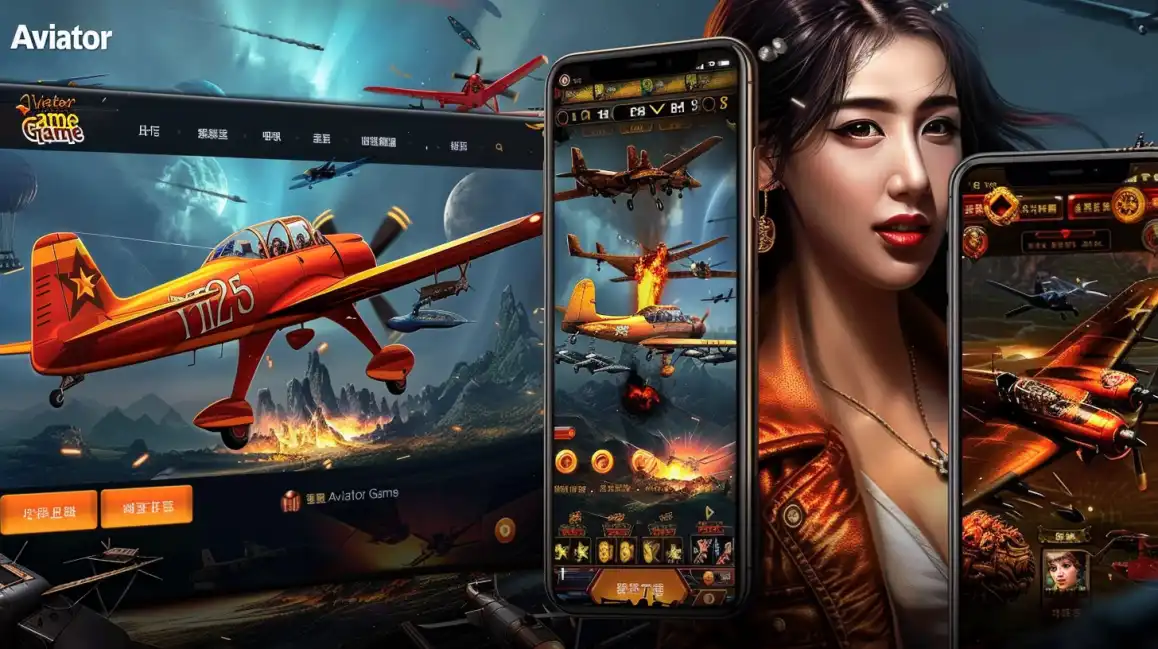 A collage promoting the Aviator game on 7c777, featuring a beautiful woman, mobile app interfaces, and vintage airplanes in an action-packed aerial battle, inviting users to play the popular crash game.