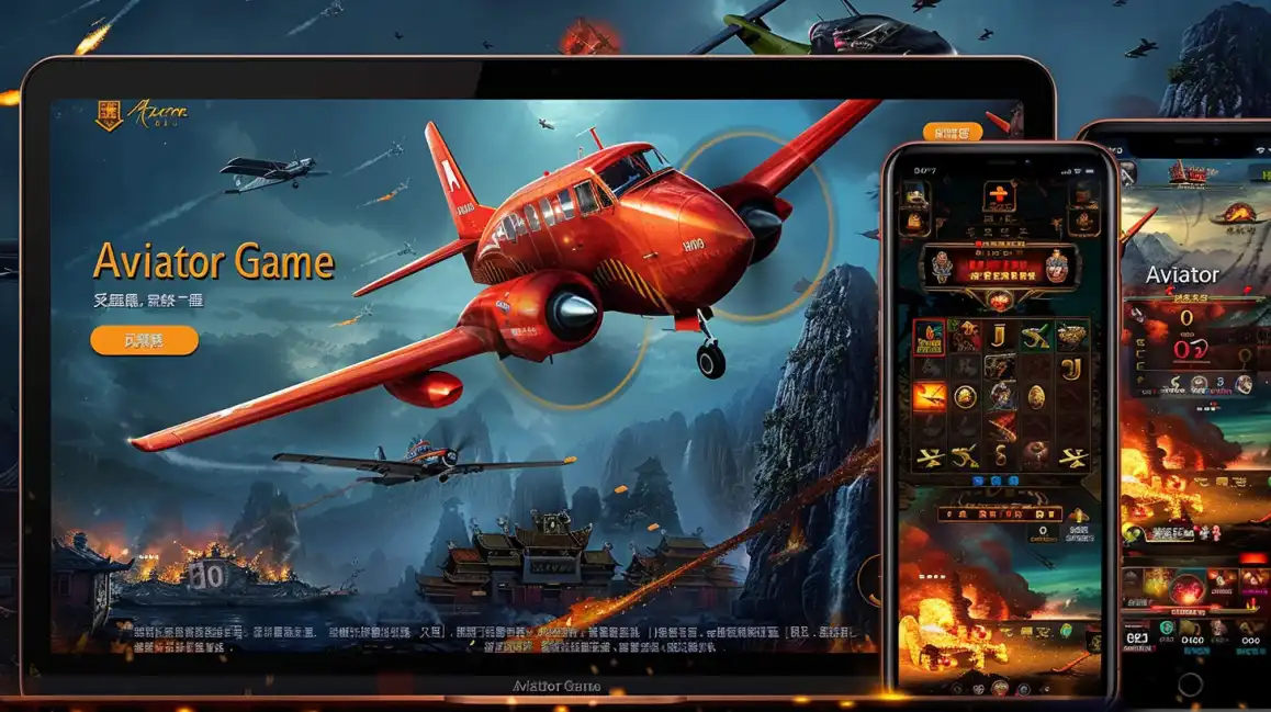 The popular Aviator crash game by 7c777 is displayed on a tablet and smartphone, showing a red airplane flying over a dramatic landscape, demonstrating a seamless cross-platform gaming experience.