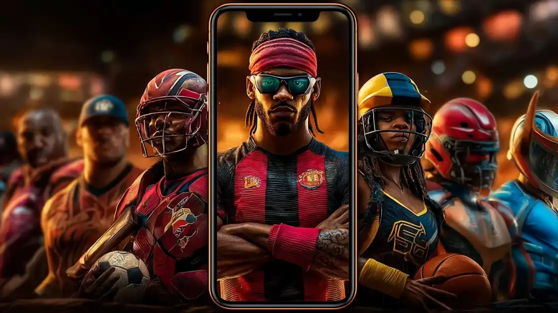 A smartphone showcases a cool football player, surrounded by a diverse team of athletes from sports like basketball and American football, highlighting the wide range of sports betting markets on the 7c777 app.