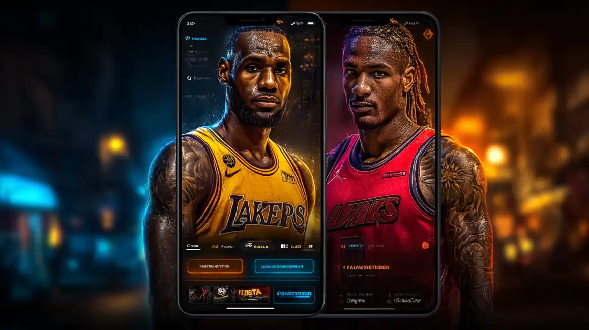 Two smartphones displaying the 7c777 sports betting app interface, featuring famous basketball players. This represents the exciting opportunity to bet on top-tier basketball games and players.