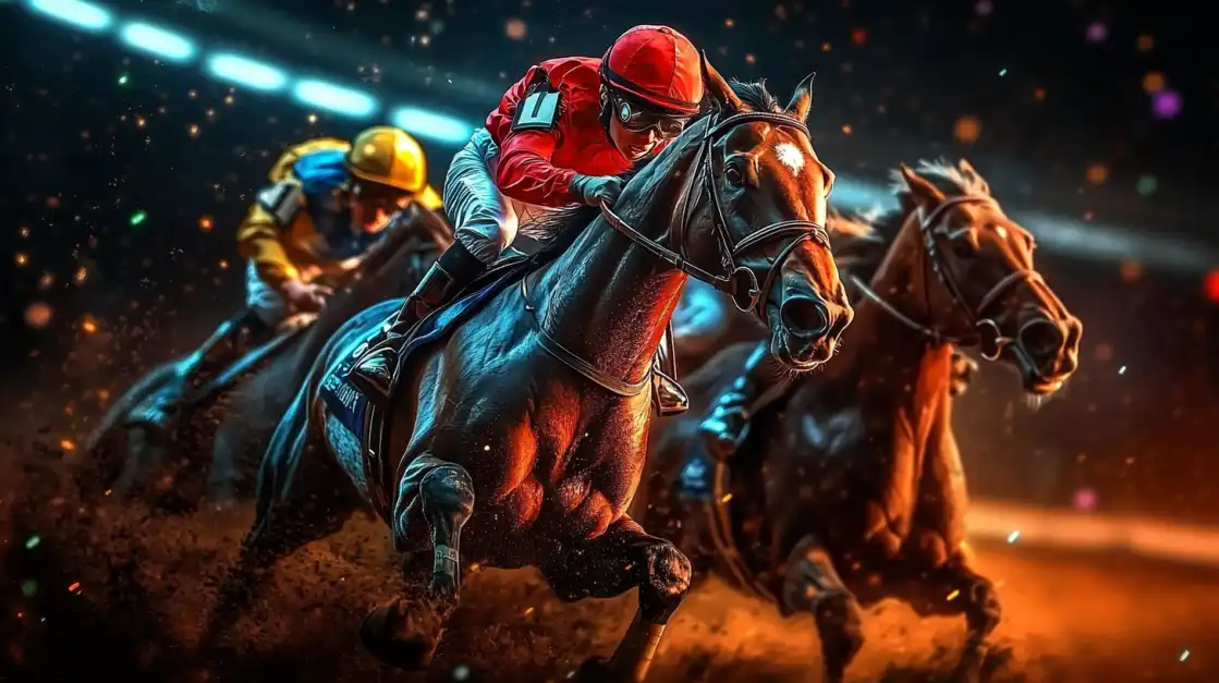 Three jockeys in a high-speed horse race on a dirt track, kicking up dust under bright stadium lights. This dynamic image represents the thrilling horse racing betting options available on the 7c777 platform.
