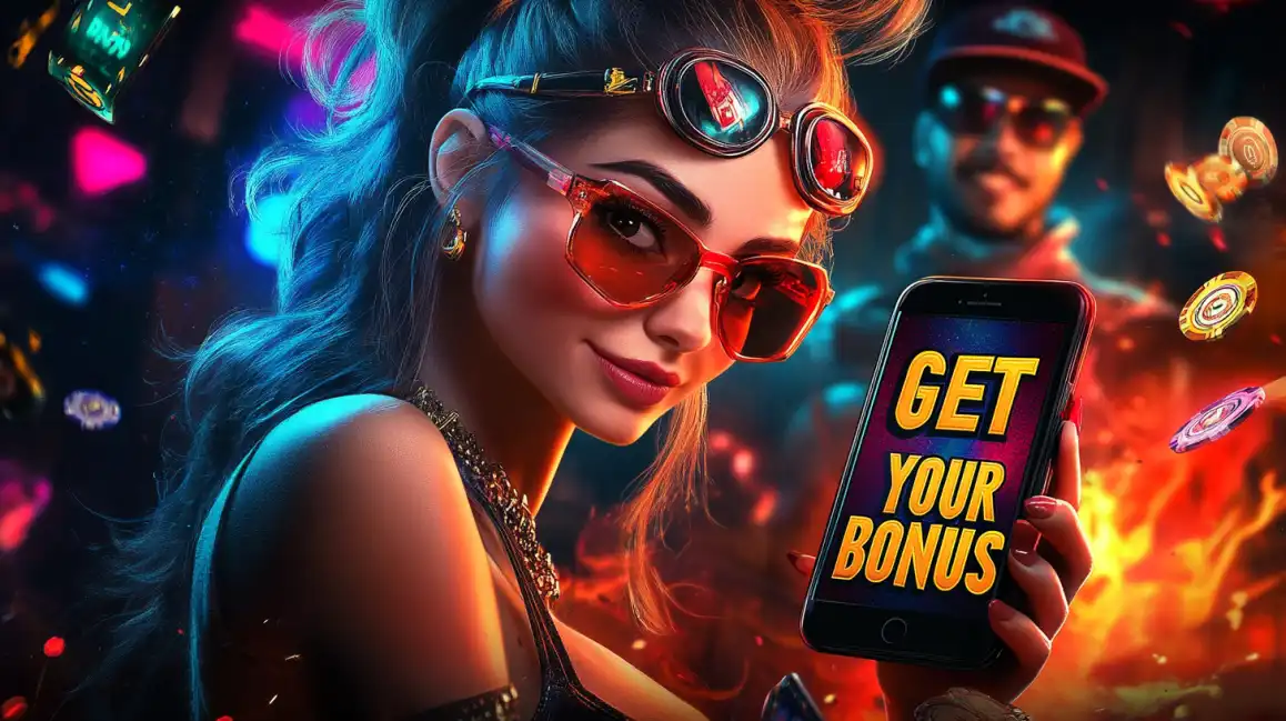 A trendy woman in a vibrant, neon-lit club holds up a smartphone that displays the message GET YOUR BONUS, inviting players to take advantage of the generous promotions at 7c777 online casino.