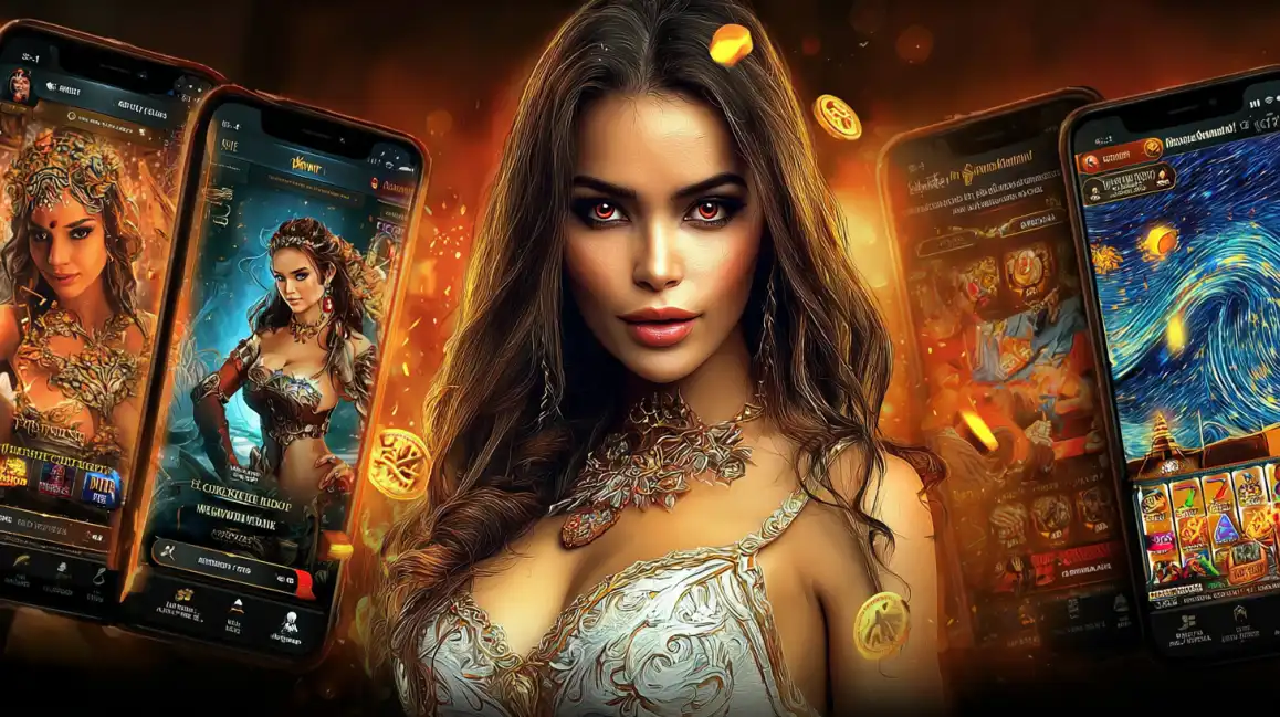 A beautiful woman is the centerpiece of a collage of smartphones, each displaying a different and exciting slot game from the extensive collection available on the 7c777 mobile casino platform.