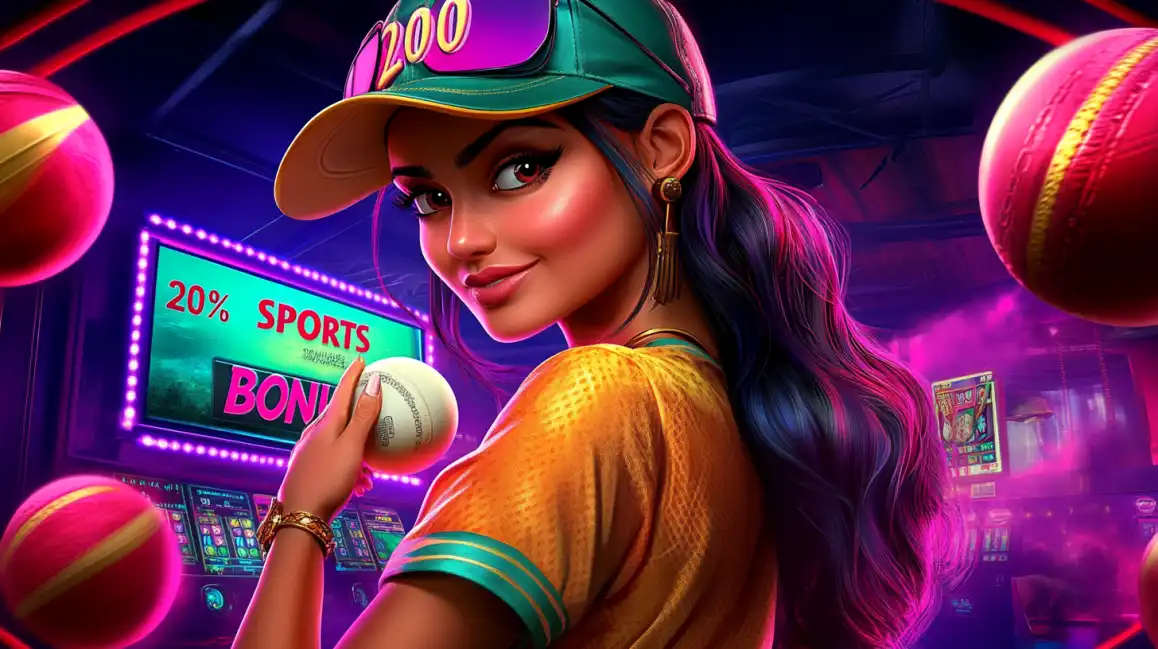 Woman in baseball cap holding cricket ball promoting 20% sports bonus in vibrant casino setting