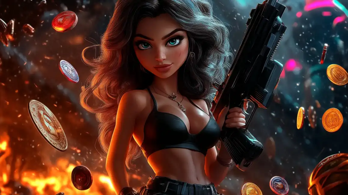 A powerful animated female character holds a large gun in a fiery setting with casino chips flying around her, representing one of the many action-packed slot games available to play at 7c777.