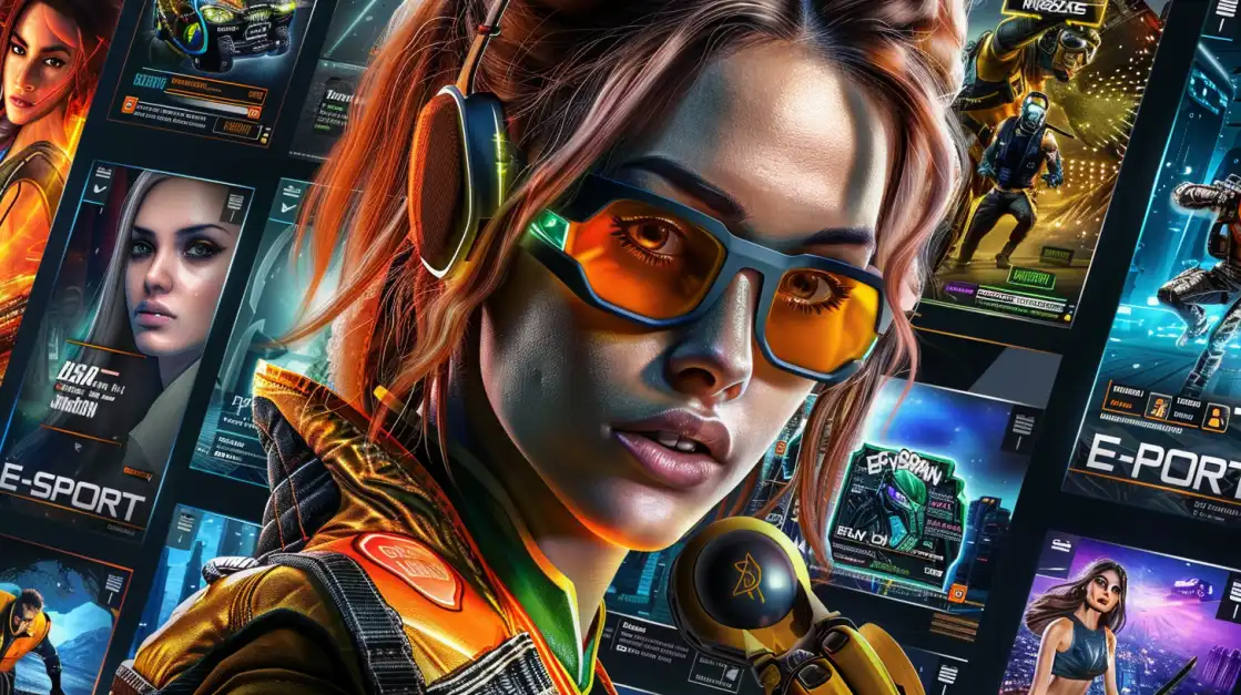 A focused female gamer wearing headphones and futuristic glasses is shown against a backdrop of e-sports game screens, promoting the exciting e-sports betting markets available at 7c777.