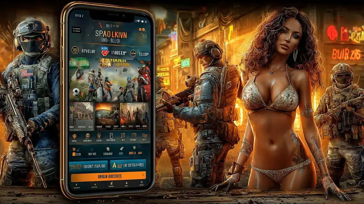 A smartphone displays the interface of a tactical shooter game, surrounded by in-game characters including soldiers and a female protagonist, showcasing the immersive mobile games available at 7c777.