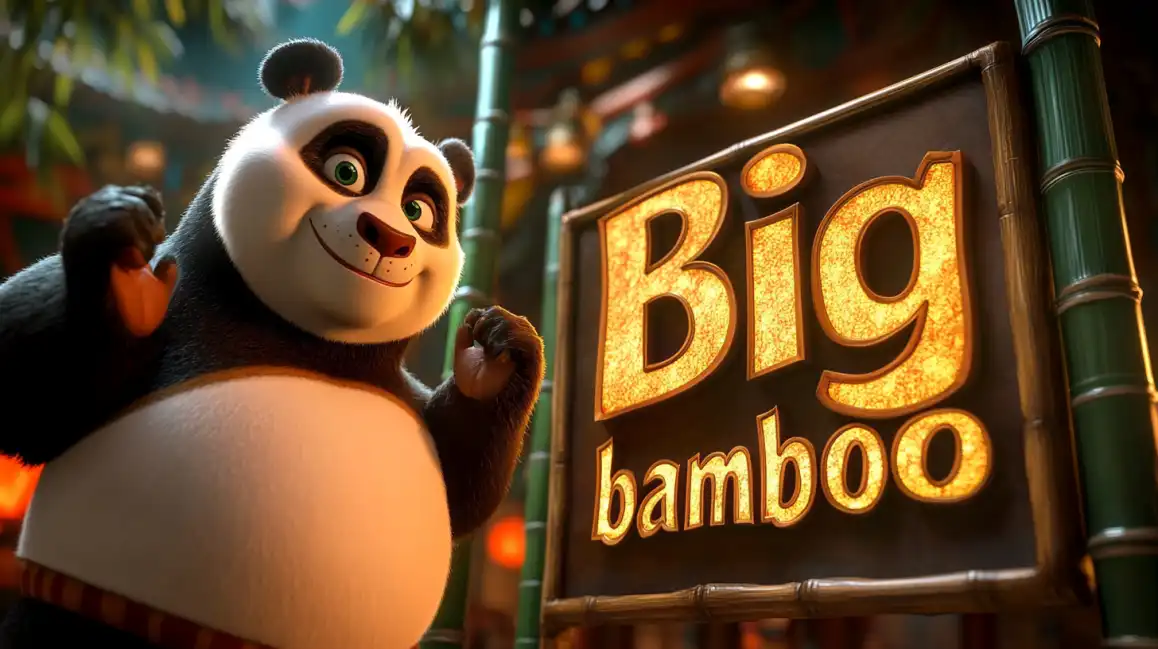 A friendly cartoon panda smiles next to a wooden sign that reads Big bamboo, promoting the popular Asian-themed slot game available to play on the 7c777 platform for a chance at big wins.
