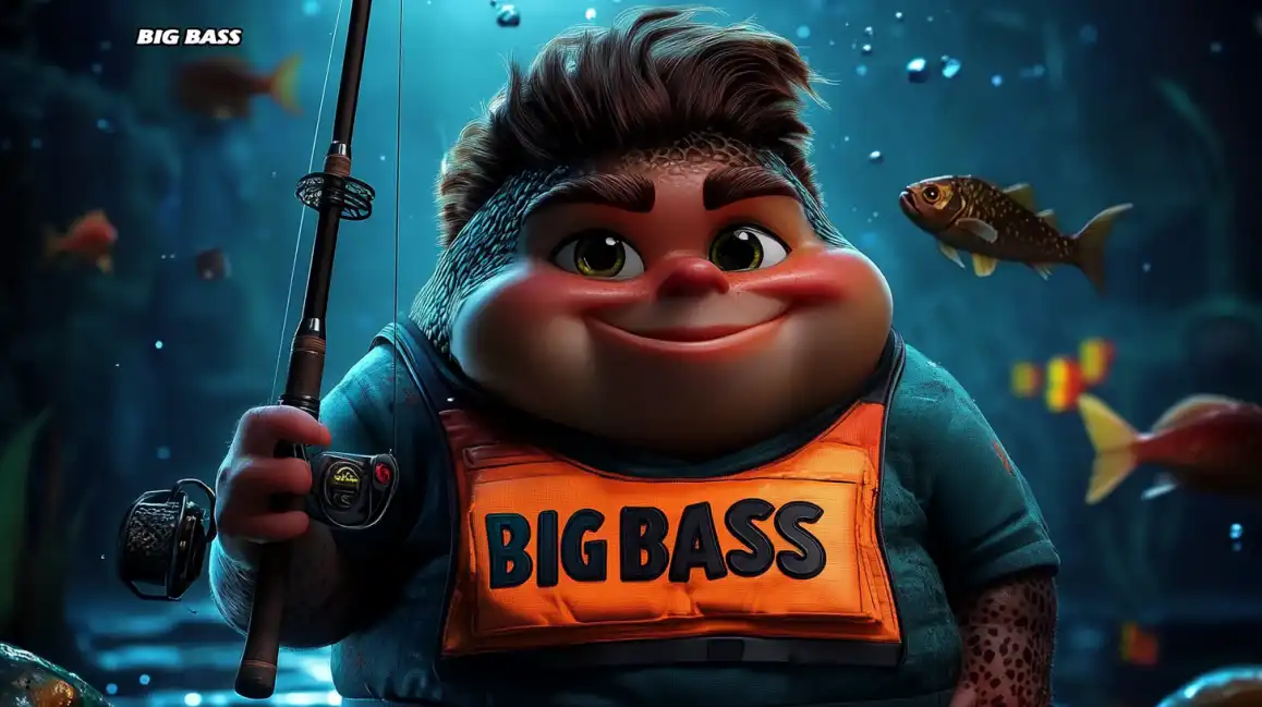 A happy cartoon fisherman character wearing a BIG BASS vest holds a fishing rod underwater, surrounded by fish. This image represents the fun Big Bass slot game series at 7c777.