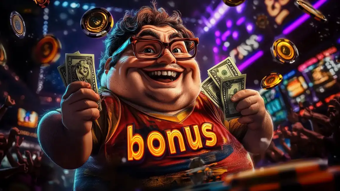 Excited man with glasses holding money and celebrating bonus wins in casino with floating coins
