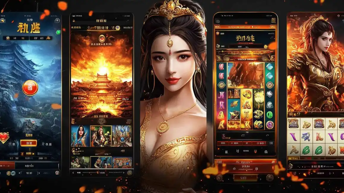A collage of five smartphone screens showcasing the 7c777 casino app with an Asian fantasy theme, featuring a beautiful princess, fiery temples, and dynamic slot machine gameplay for an immersive experience.