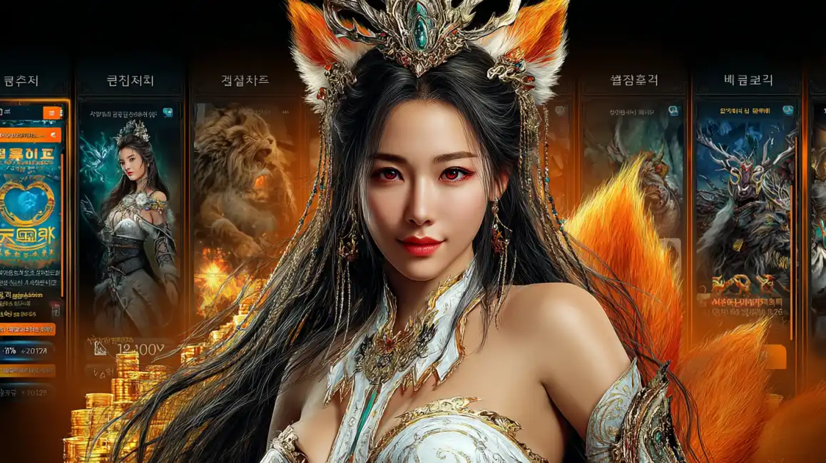 A beautiful woman with fox ears and a fiery orange tail, dressed in ornate white and gold armor, represents a character from the 7c777 online slot game, set against a backdrop of the game's interface and piles of gold coins.