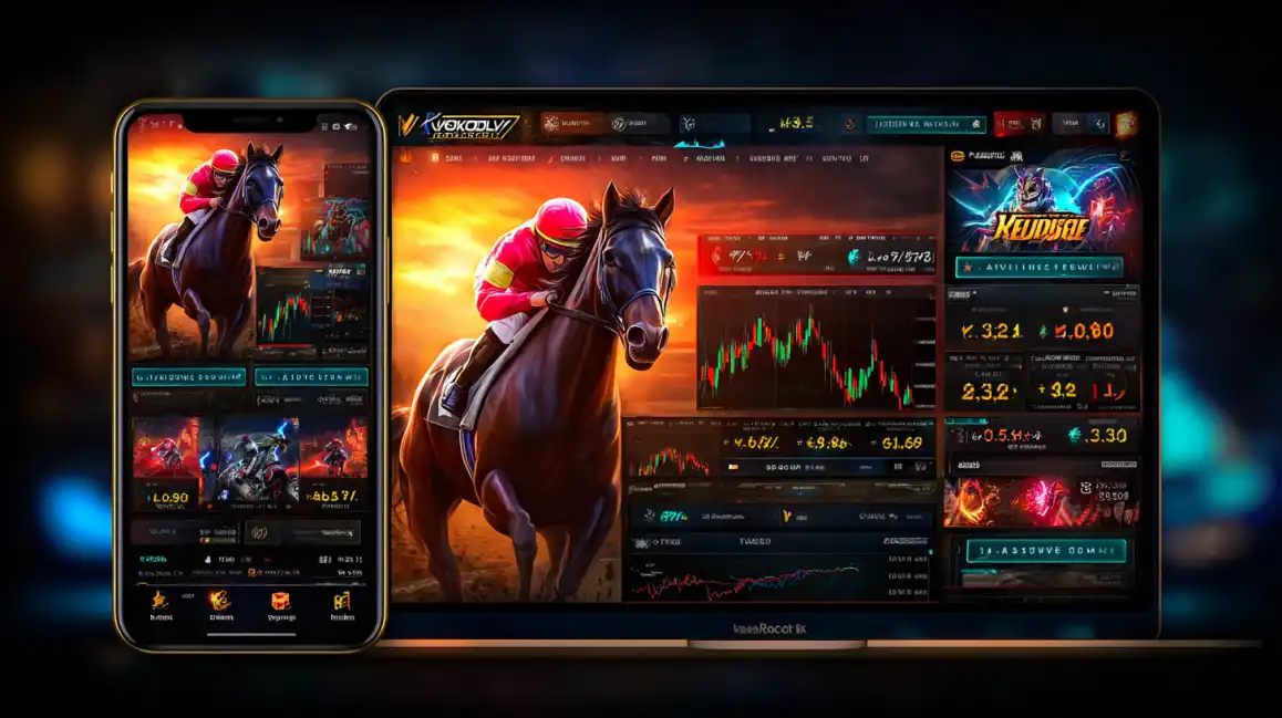 The 7c777 online betting platform displayed on a laptop and smartphone, featuring a dynamic horse race and a detailed interface with live odds and performance graphs for an engaging sports betting experience.