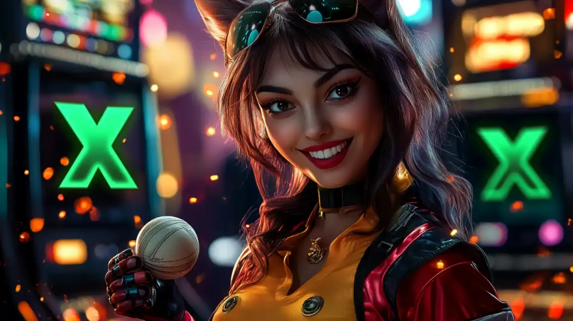 A stylish and happy woman with goggles holds a baseball in a neon-lit casino environment, blending the worlds of sports betting and casino games available for entertainment at 7c777.
