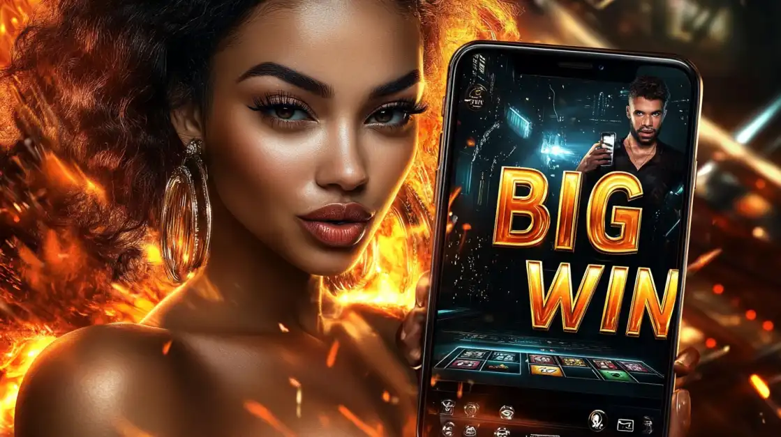 A glamorous woman with a fiery background holds a smartphone displaying a BIG WIN message from the 7c777 online casino app, celebrating a successful and thrilling gaming session.
