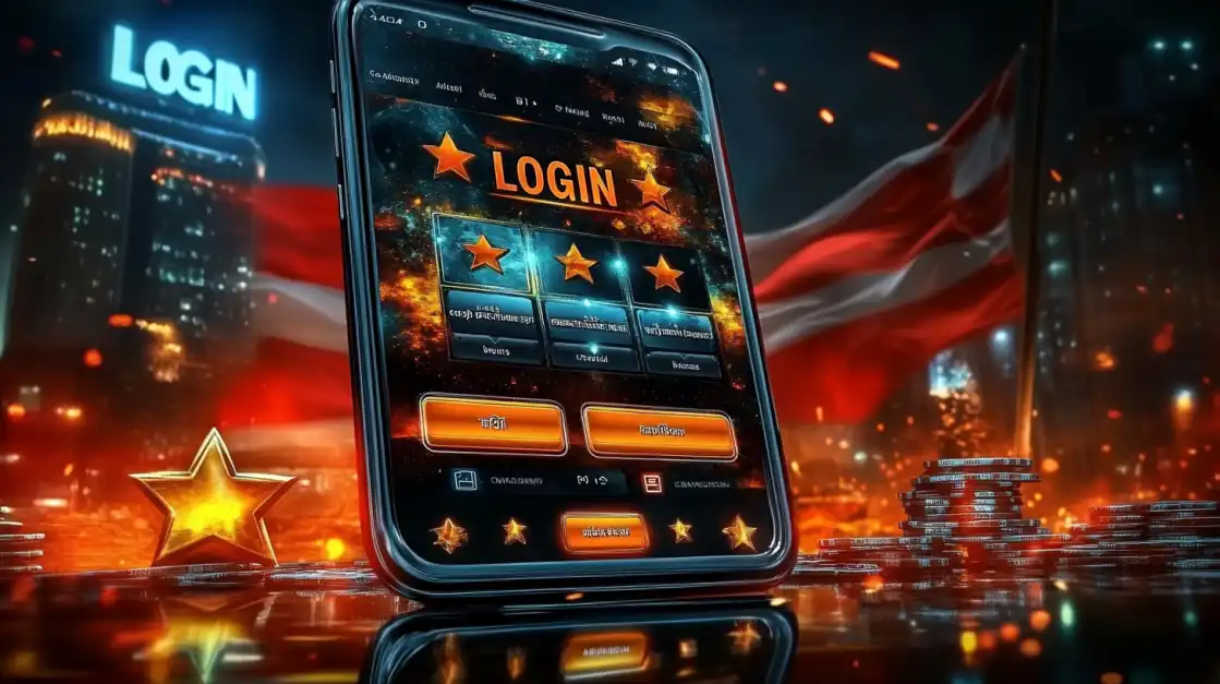 A smartphone showing the 7c777 gaming app login screen, set against a vibrant night cityscape with a flag and casino chips in the foreground, inviting players to join the action.