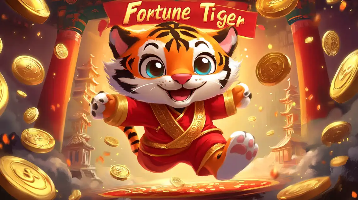 An adorable and happy cartoon tiger cub dressed in a traditional red outfit jumps for joy amidst a shower of golden coins in the Fortune Tiger slot game, available for lucky spins at 7c777.