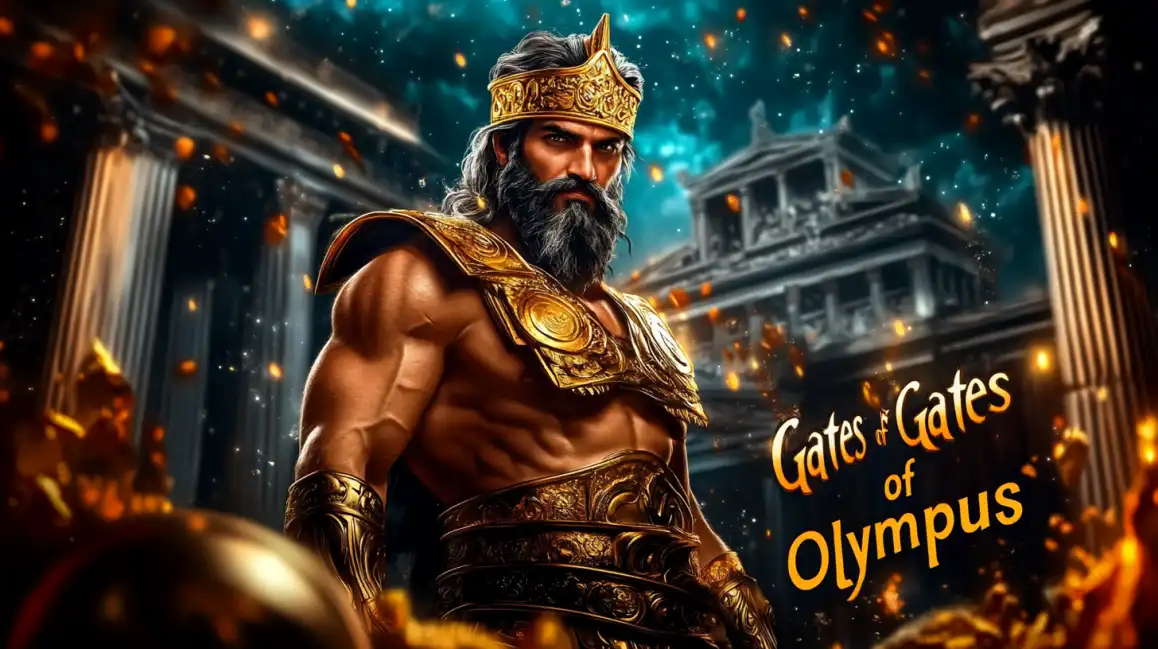 The powerful Greek god Zeus stands majestically in front of ancient temples in this promotional image for the Gates of Olympus slot game, an epic adventure waiting for players at 7c777 casino.