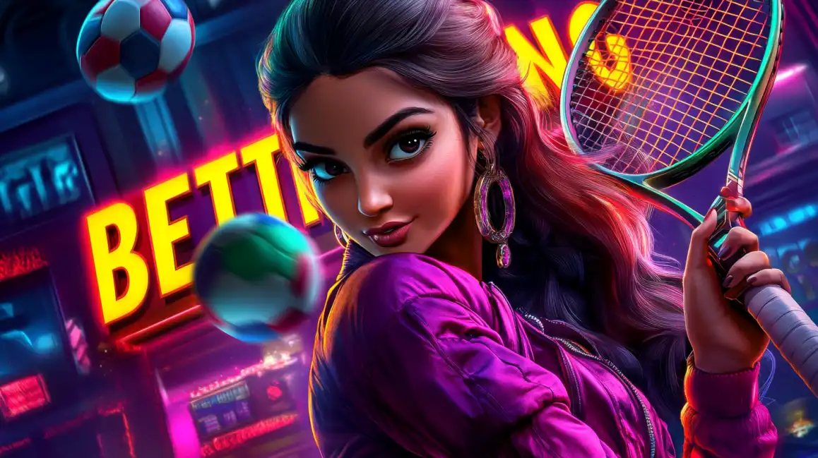 Stylish woman with tennis racket in purple outfit for sports betting with colorful neon background
